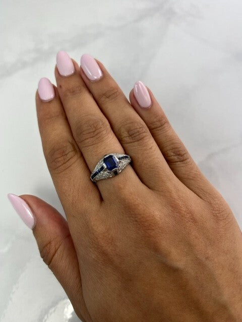 Blue Sapphire Diamond Platinum Engagement Ring Art Deco Natural