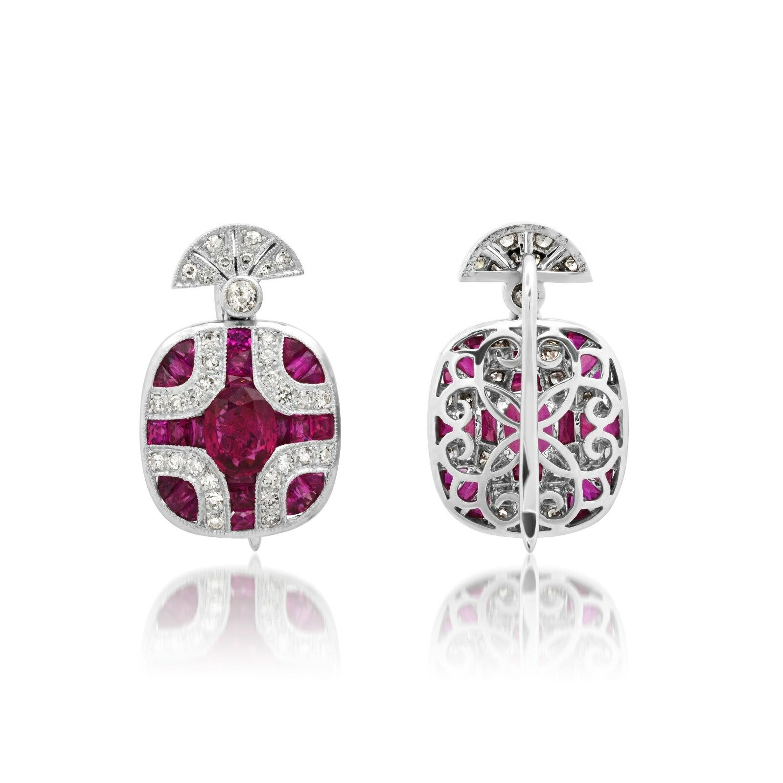 Art Deco Ruby Diamond Platinum Earrings Oval 2.03 TCW Handmade Certified Natural