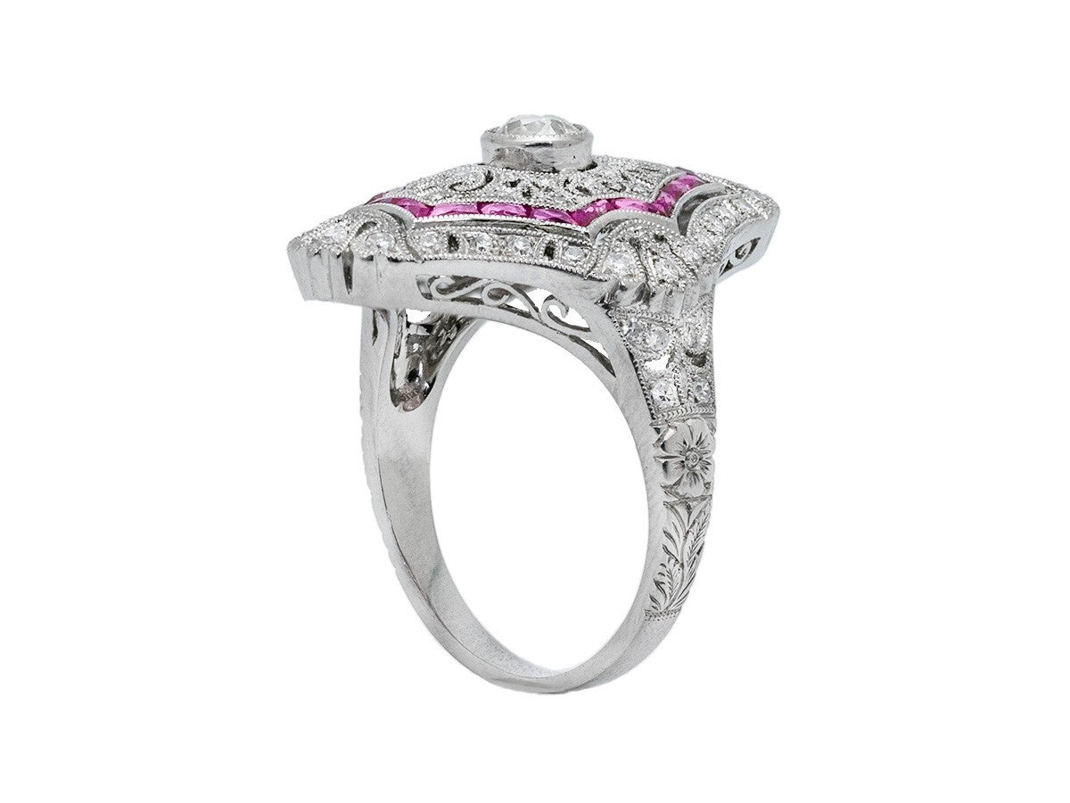 Art Deco Diamond Ruby Platinum Ring Antique Design Handmade Natural 1.10 CTW
