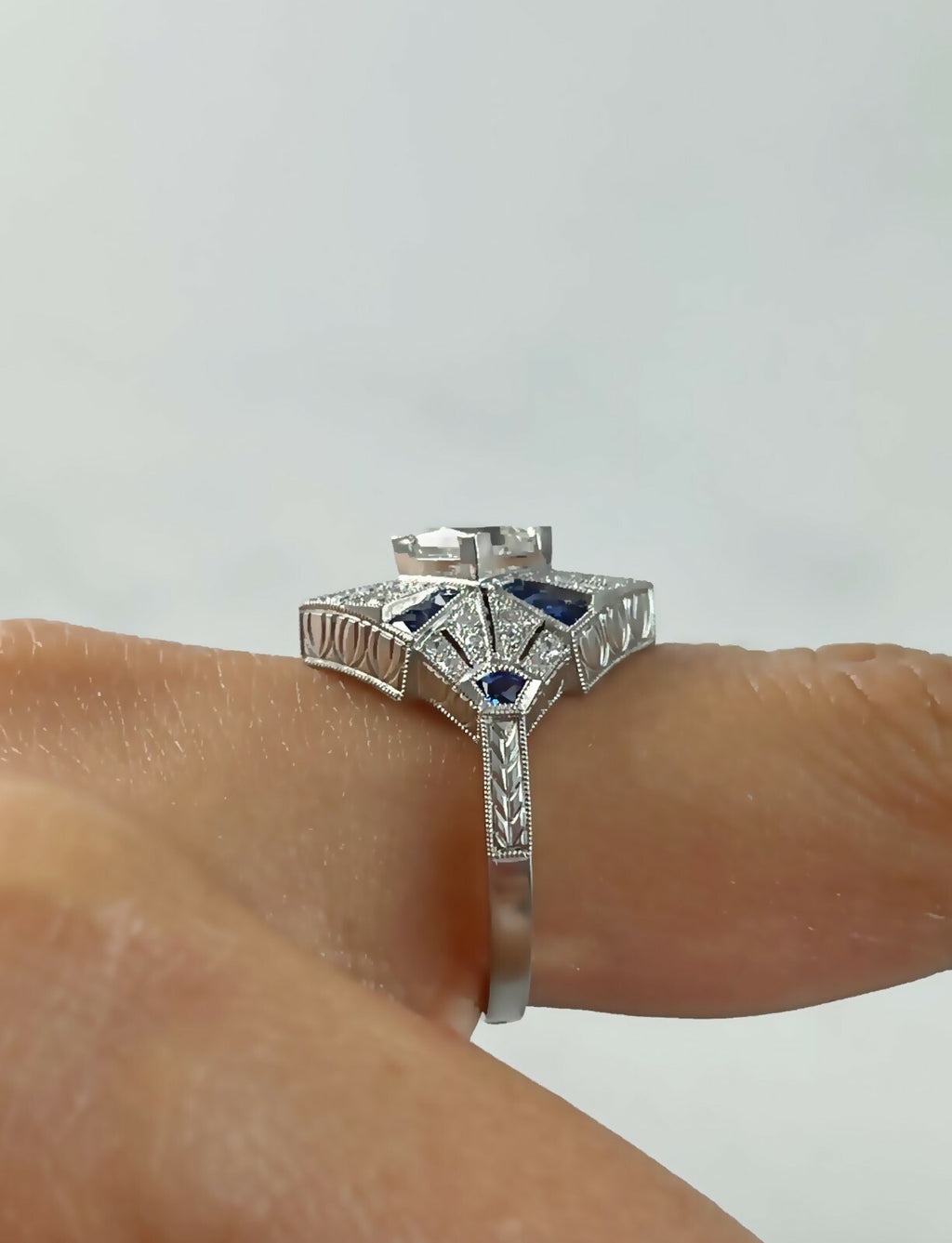 Princess Cut Diamond Sapphire Platinum Ring Engagement Art Deco Handmade Natural