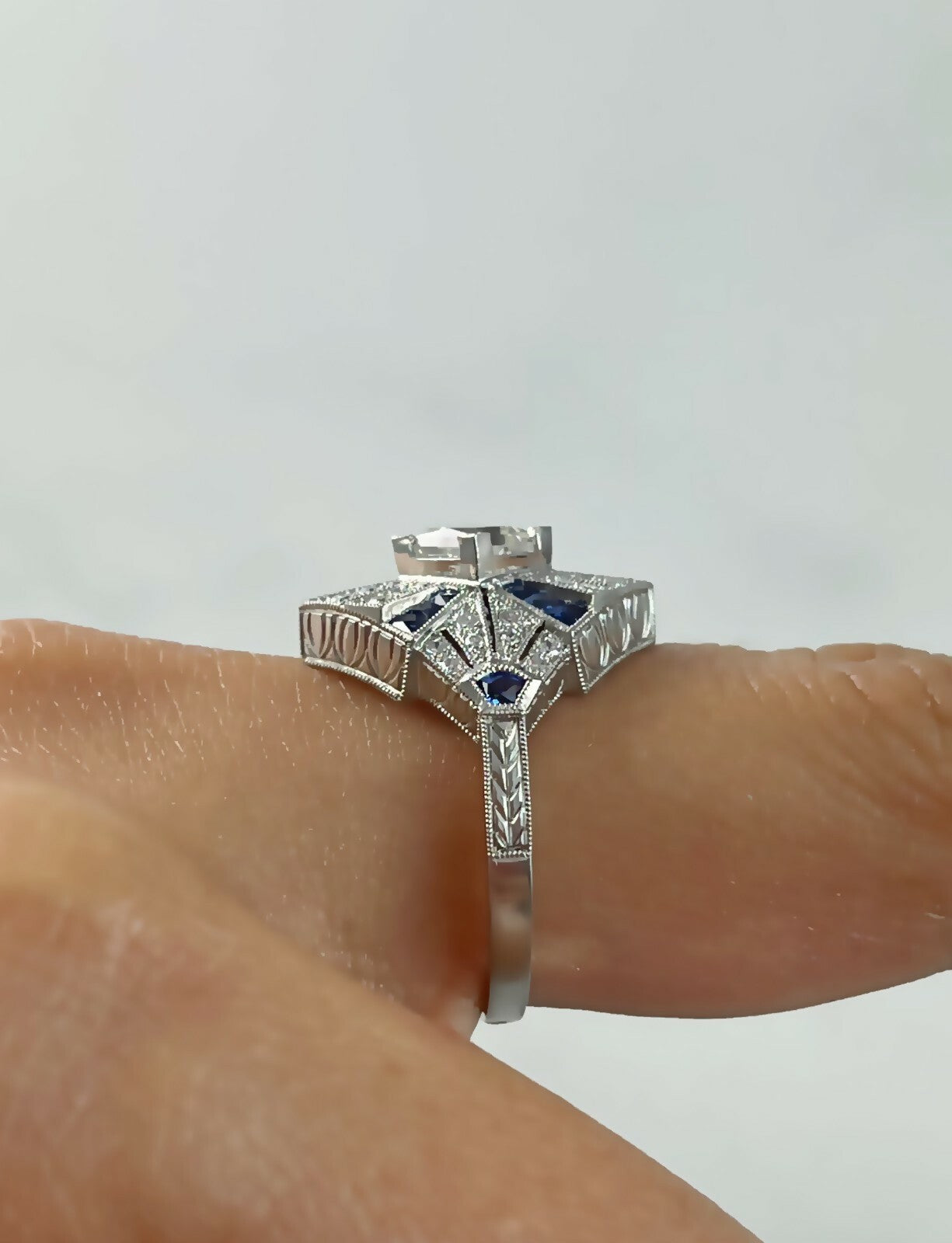 Princess Cut Diamond Sapphire Platinum Ring Engagement Art Deco Handmade Natural
