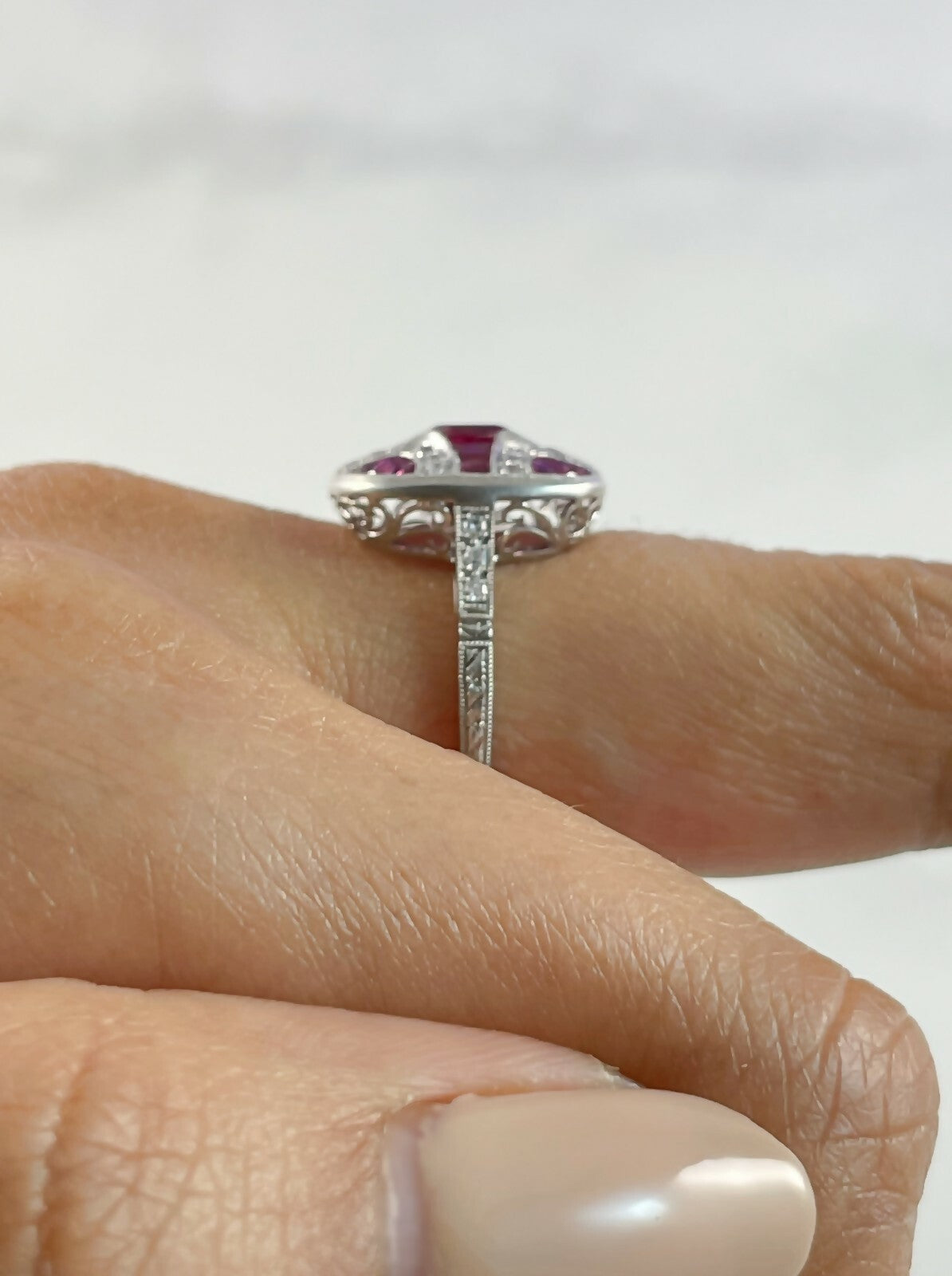 Ruby Diamond Art Deco Platinum Ring Handmade Certified Natural Antique Finish