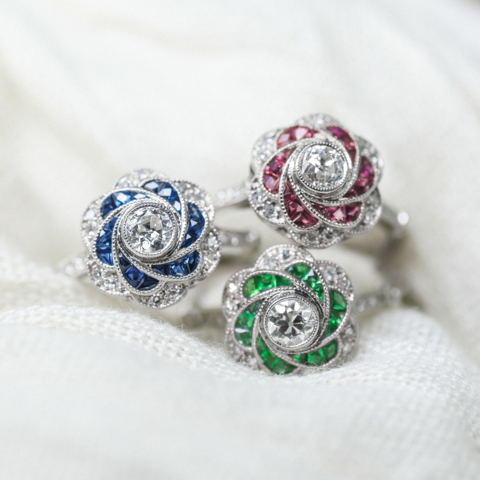 Art Deco Diamond Sapphire Platinum Flower Ring Natural Handmade 1.10 TCW