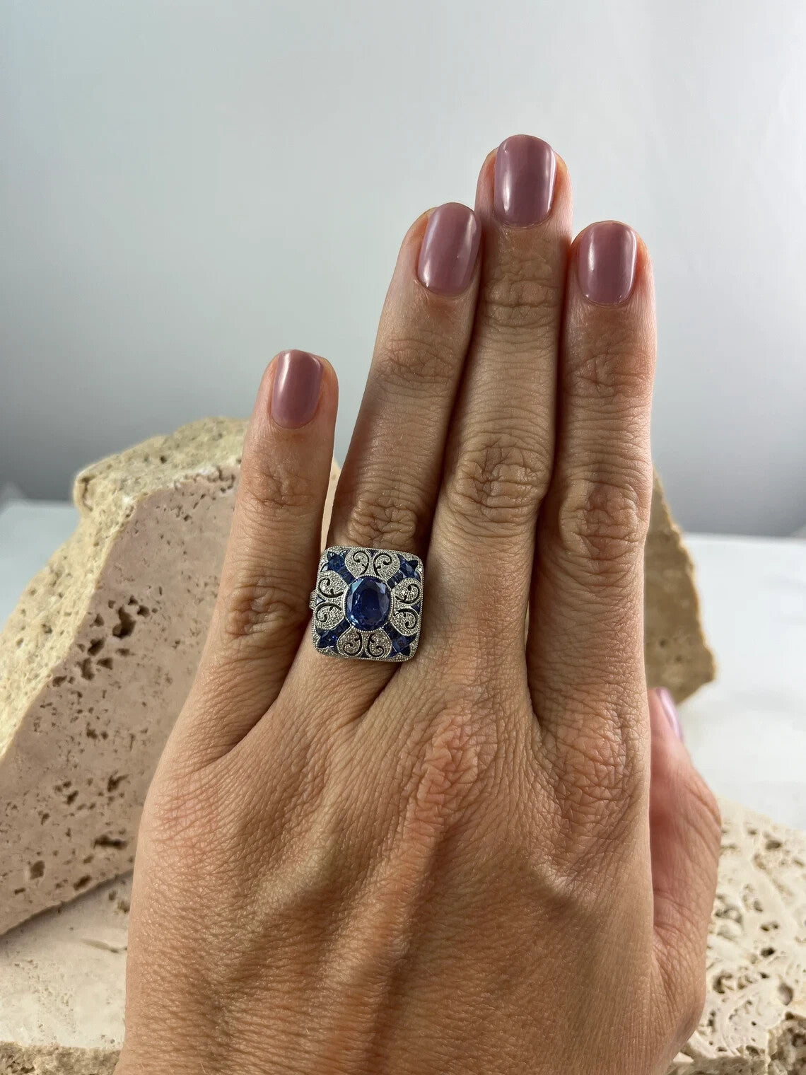 Art Deco Inspired Oval Sapphire Diamond Platinum Ring Natural 4.89 CTW Certified