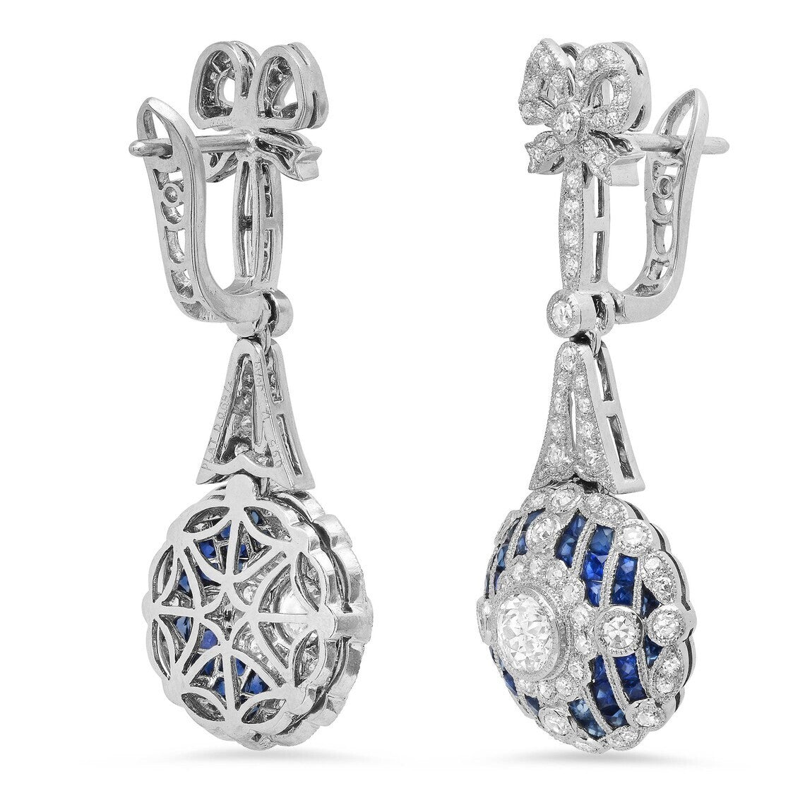 Diamond Sapphire Platinum Earrings Art Deco Antique Inspired Estate Natural
