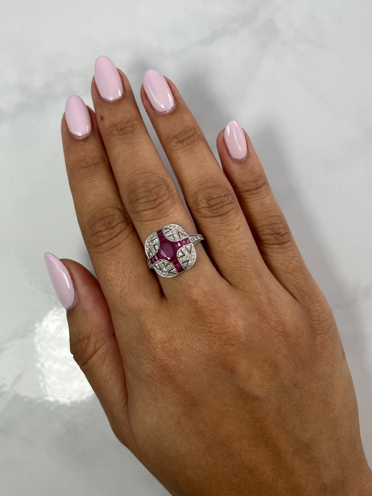 Art Deco Oval Ruby Diamond Platinum Ring Natural 1.71CTW Antique Look