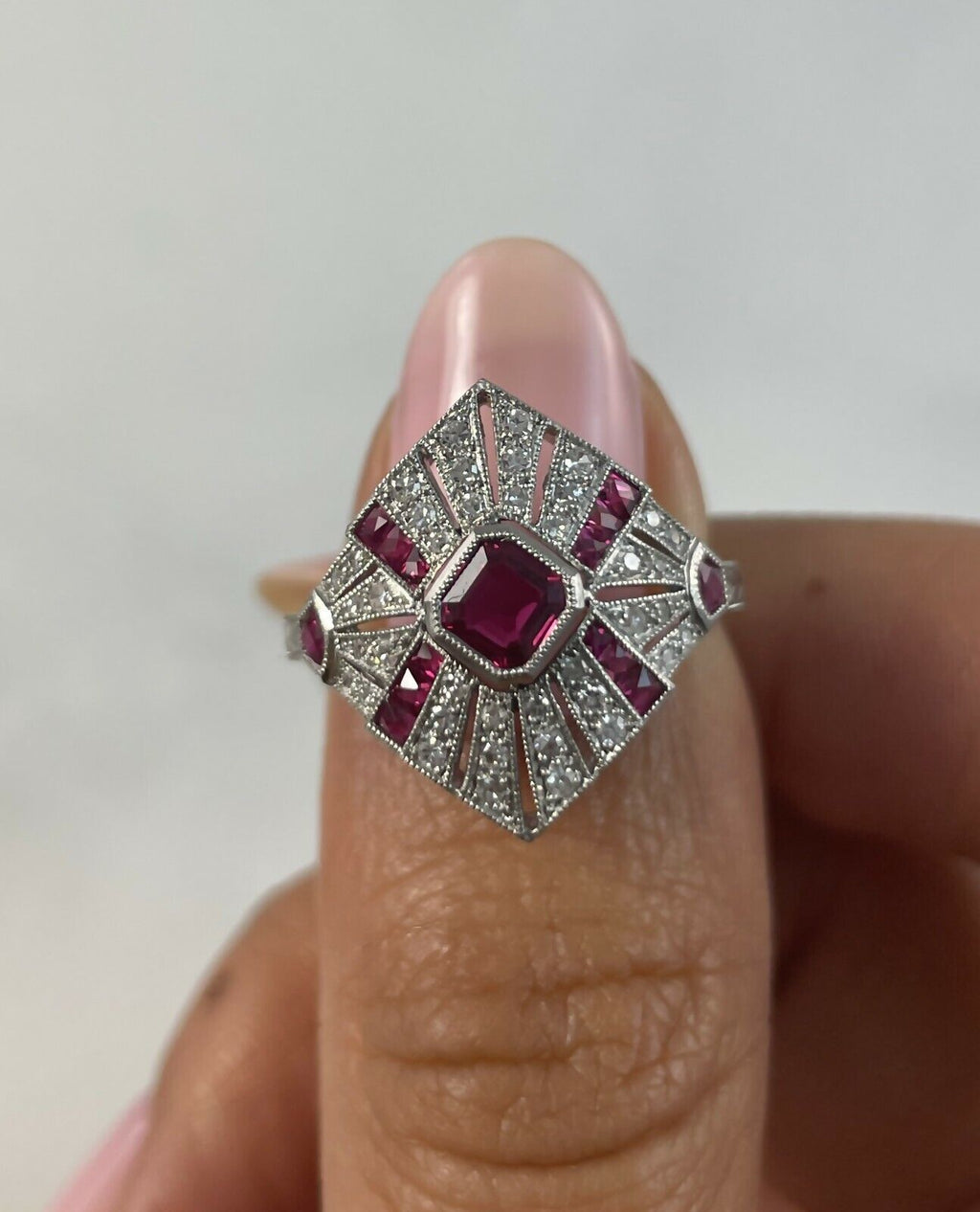 Princess Ruby Diamond Platinum Ring Art Deco Cocktail Vintage Antique Handmade