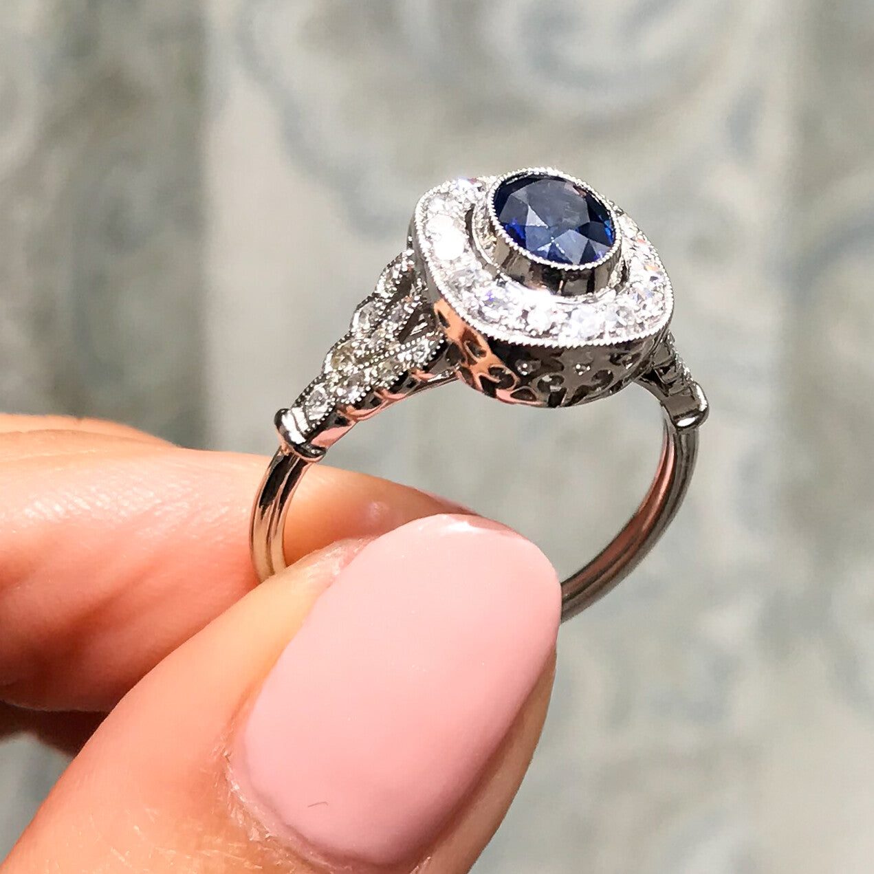Blue Sapphire Diamond Platinum Engagement Ring Oval Antique Art Deco 1.97 CTW