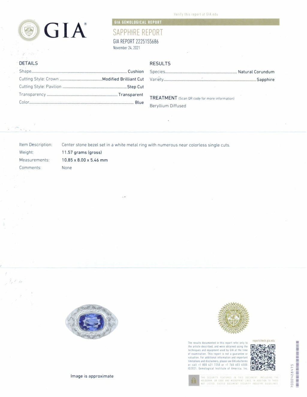 Art Deco Cushion Sapphire Diamond Platinum Ring Natural 5.30 CTW GIA Certified