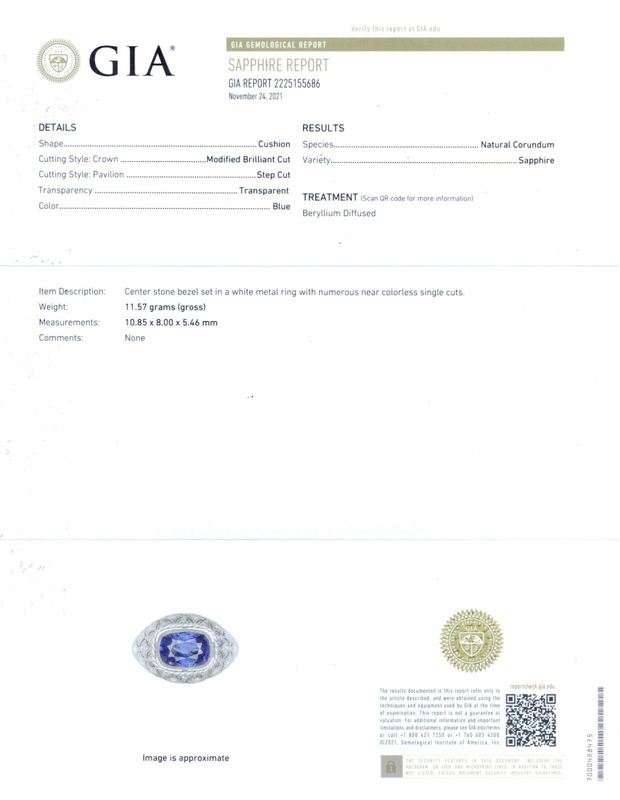 Art Deco Cushion Sapphire Diamond Platinum Ring Natural 5.30 CTW GIA Certified