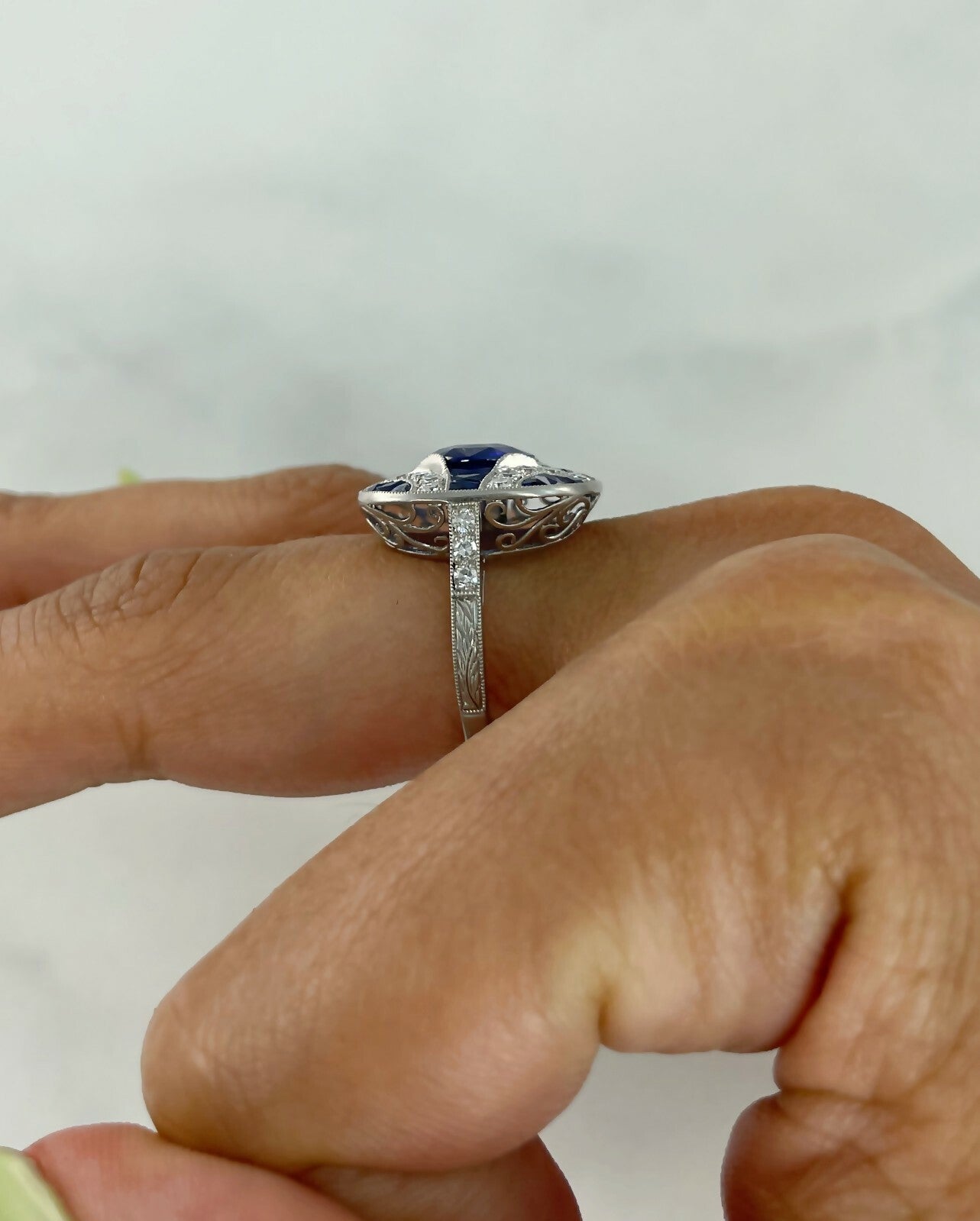 Art Deco Blue Sapphire Diamond Platinum Ring Handmade Oval Cut Antique Inspired
