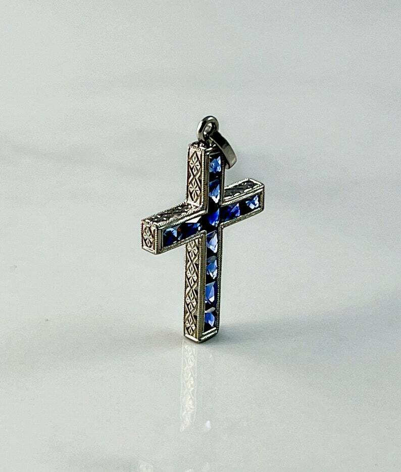 Blue Sapphire Platinum Cross Pendant Necklace Art Deco Handmade Natural 1.00 CT
