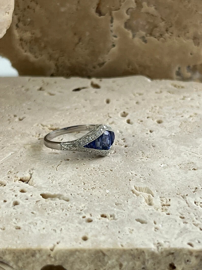 Art Deco Inspired Sapphire Diamond Platinum Ring Natural Oval French Cut 1.34CTW