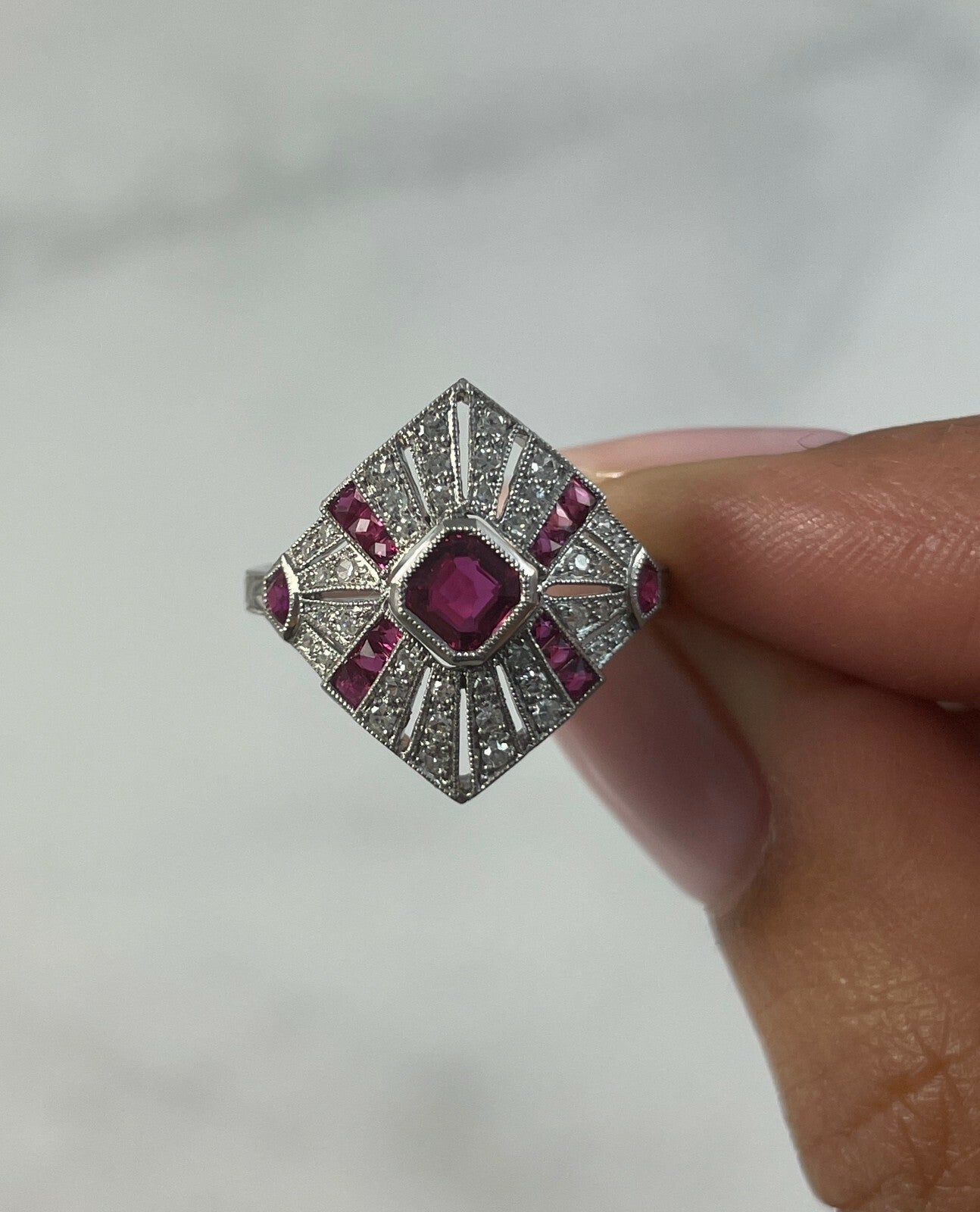 Princess Ruby Diamond Platinum Ring Art Deco Cocktail Vintage Antique Handmade