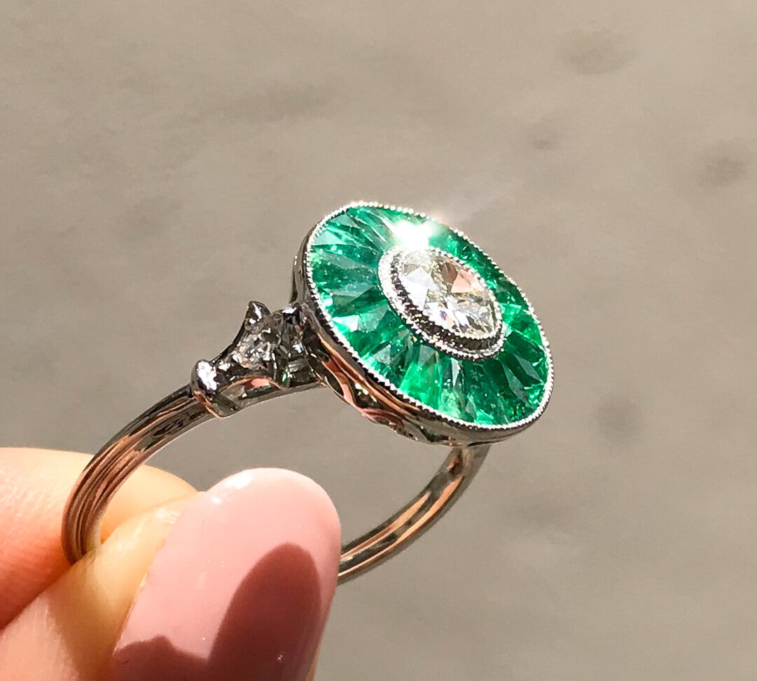 Diamond And Emerald Platinum Engagement Ring Art Deco Natural Handmade 2.20 CTW