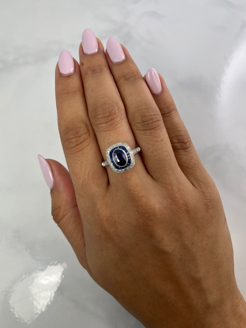 Blue Sapphire Diamond Platinum Engagement Ring Art Deco Natural 1.60CTW Handmade