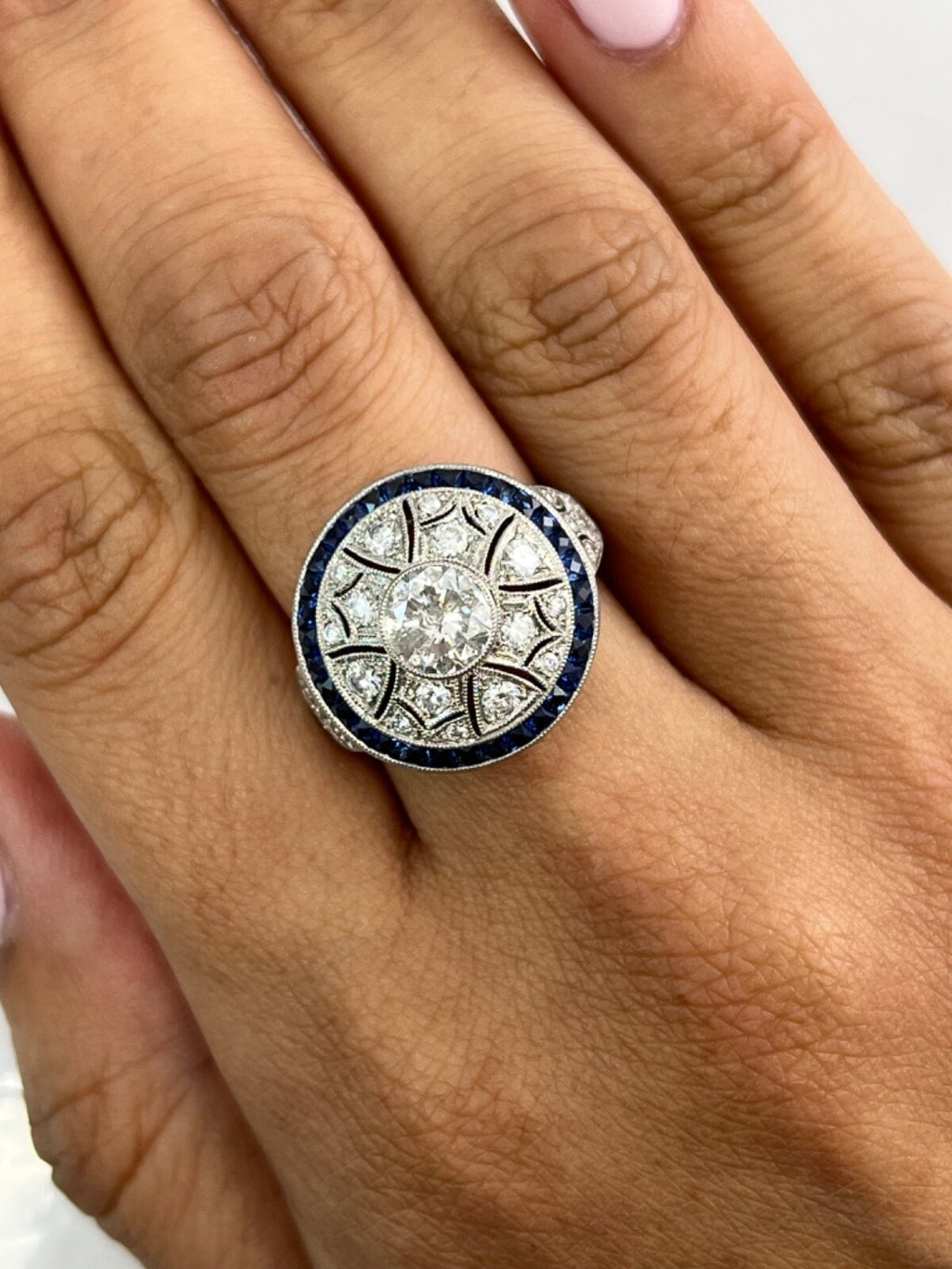 Art Deco Diamond Blue Sapphire Platinum Ring Cocktail 2.20 TCW Natural