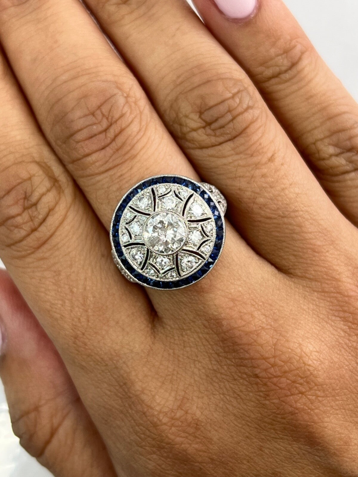 Art Deco Diamond Blue Sapphire Platinum Ring Cocktail 2.20 TCW Natural