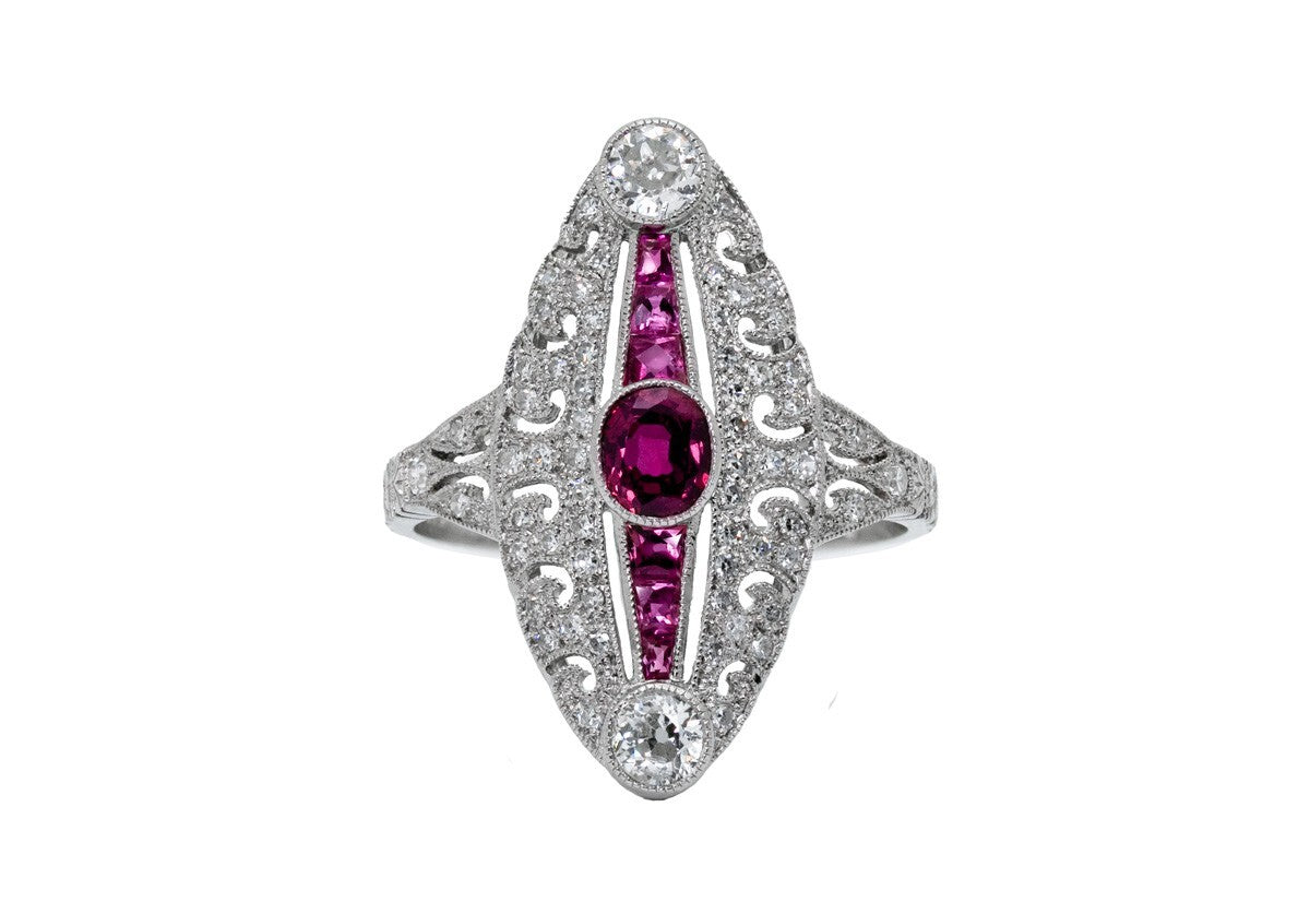 Art Deco Oval Ruby Diamond Platinum Ring Antique Inspired Natural 1.34 CTW