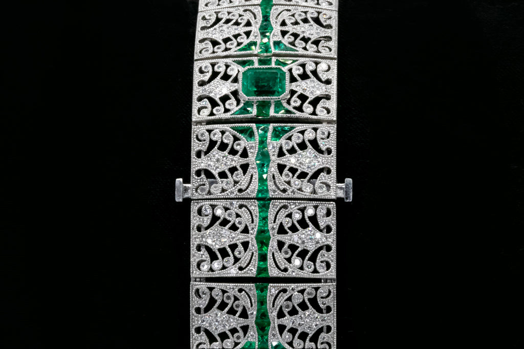 Art Deco Diamond Emerald Platinum Bracelet Handmade Natural 8.14 CTW Certified