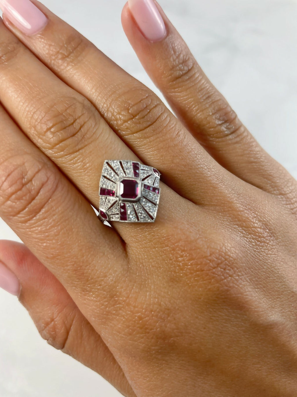 Princess Ruby Diamond Platinum Ring Art Deco Cocktail Vintage Antique Handmade