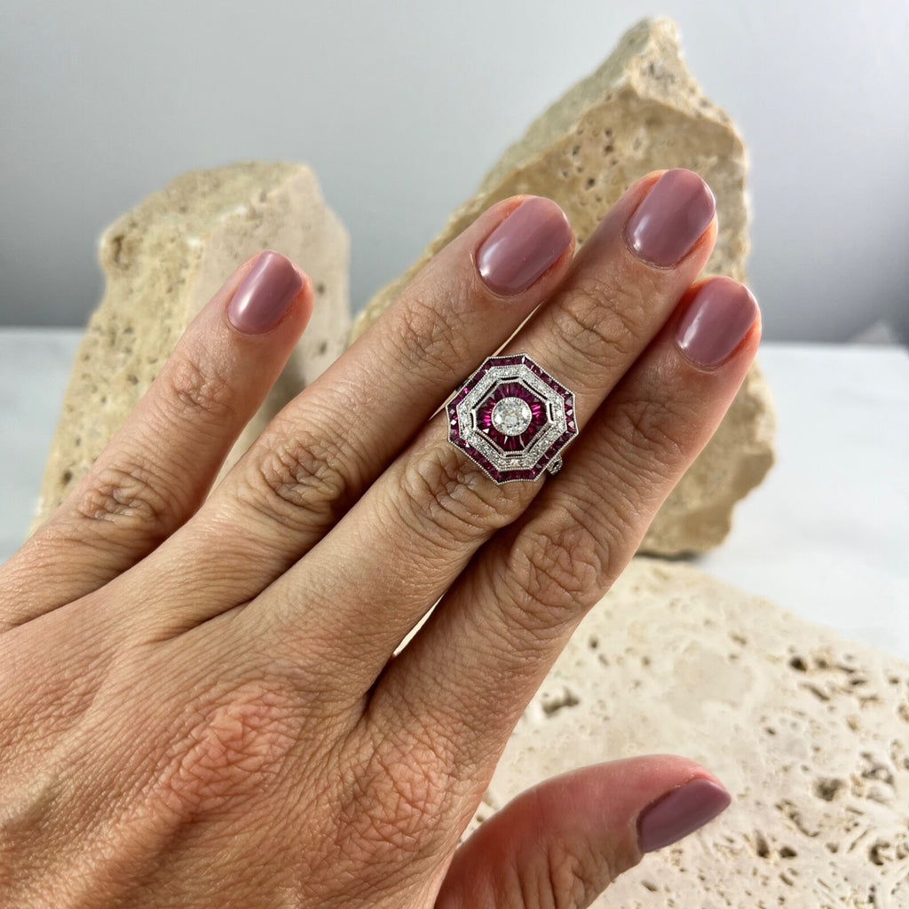 Diamond Ruby Platinum Engagement Ring Art Deco Natural 2.18 TCW Antique Inspired
