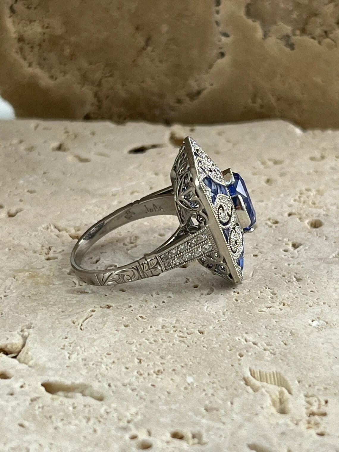 Art Deco Inspired Oval Sapphire Diamond Platinum Ring Natural 4.89 CTW Certified