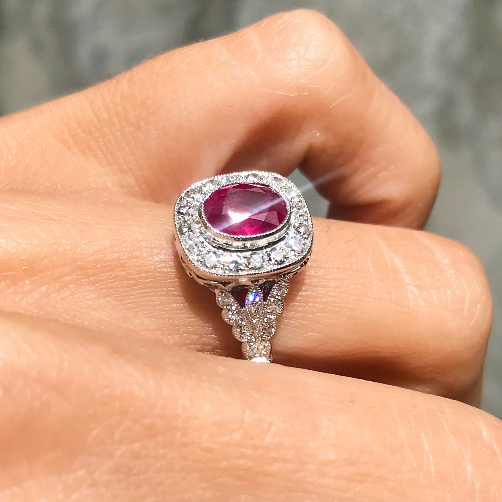 Ruby Diamond Platinum Engagement Ring Art Deco Handmade Vintage Antique Finish