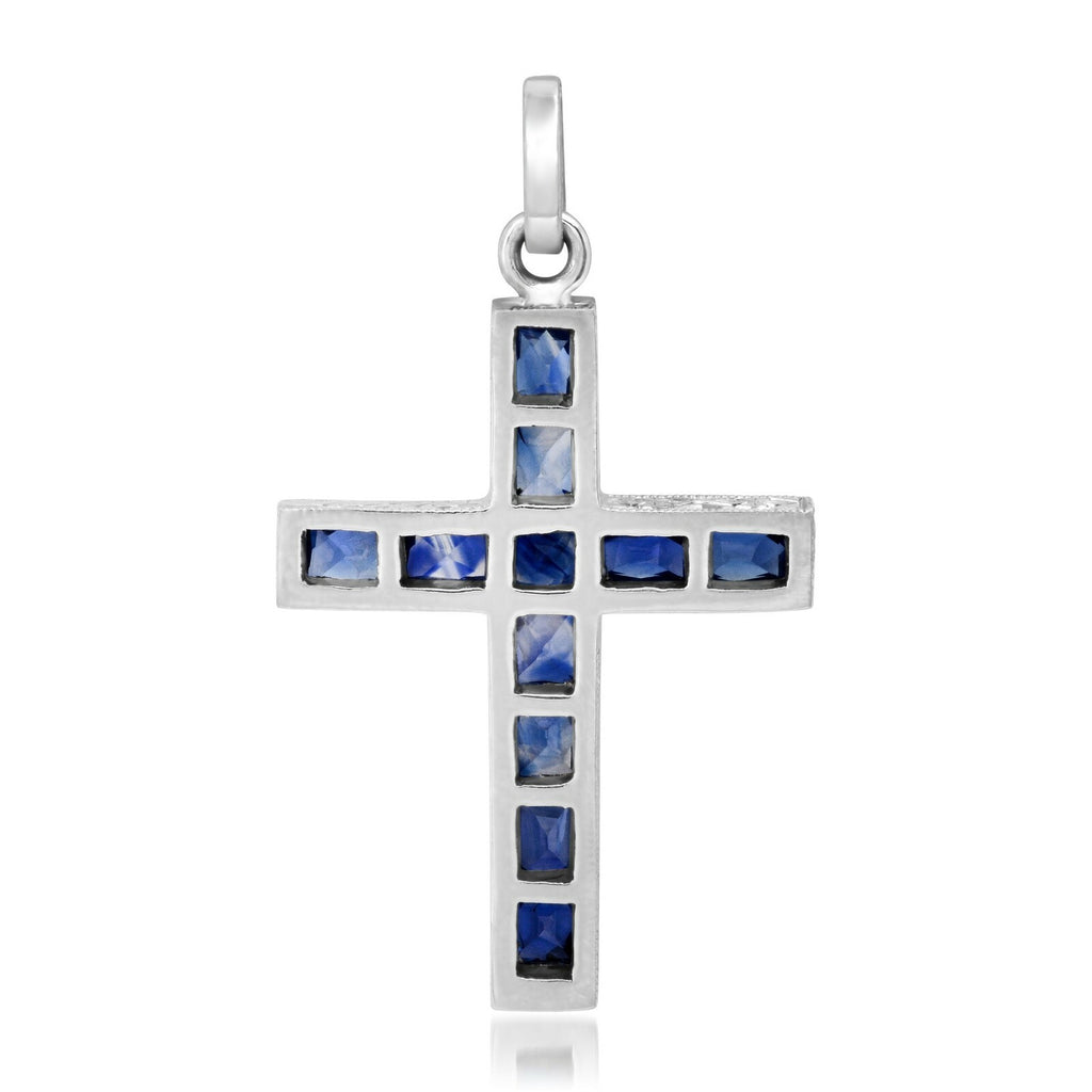 Blue Sapphire Platinum Cross Pendant Necklace Art Deco Handmade Natural 1.00 CT