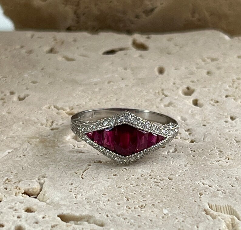 Art Deco Inspired Ruby Diamond Platinum Ring Natural Oval French Cut 1.04CTW