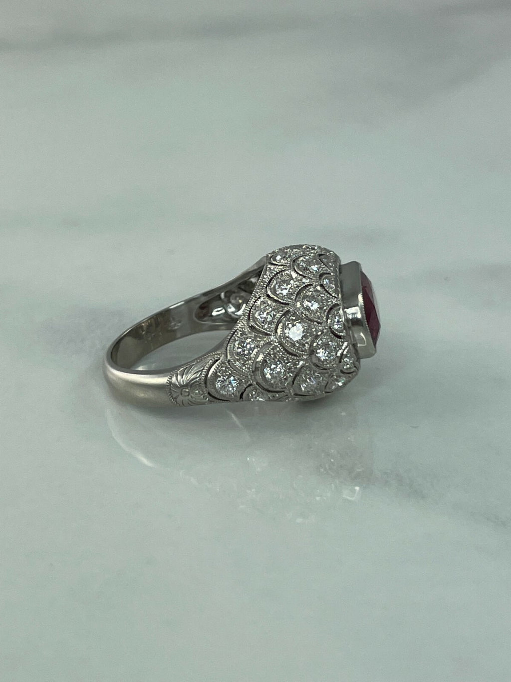 Art Deco Cushion Ruby Diamond Platinum Ring Handmade GIA Antique Finish 5.49 TCW