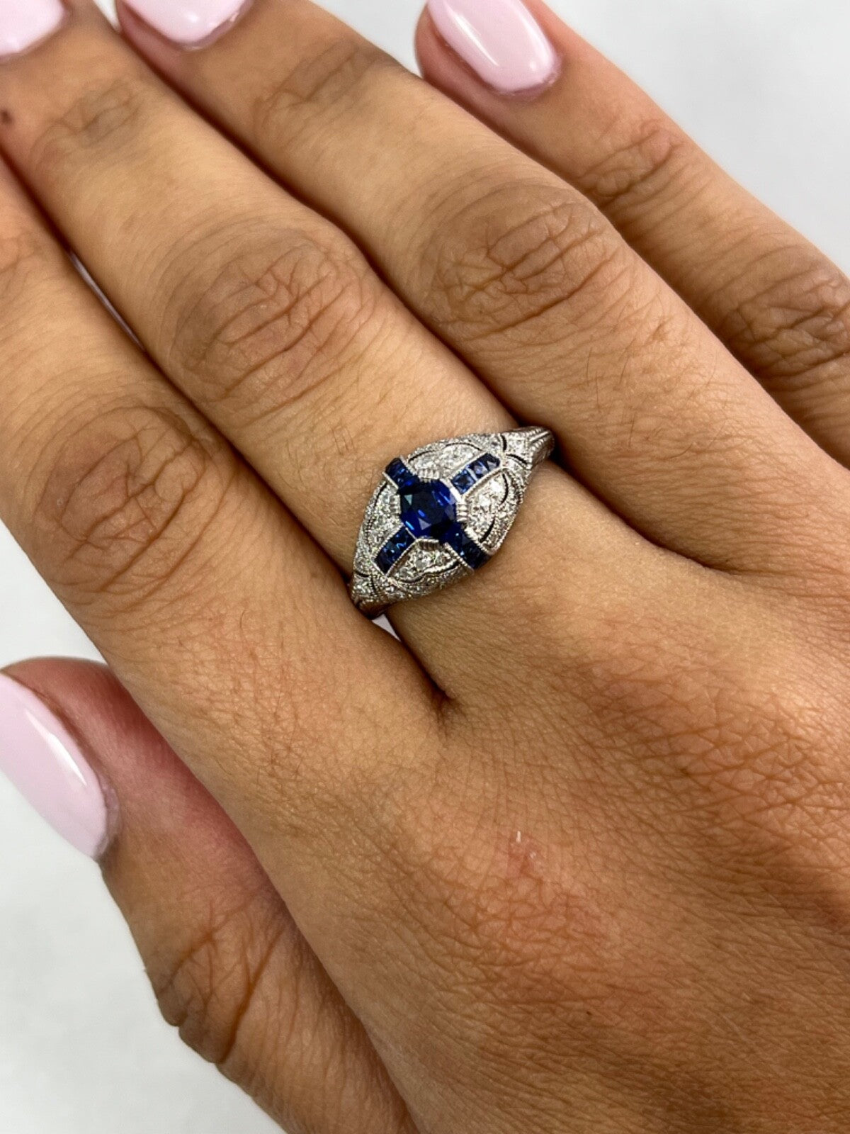 Art Deco Oval Blue Sapphire Diamond Platinum Engagement Ring Natural 1.00 CTW