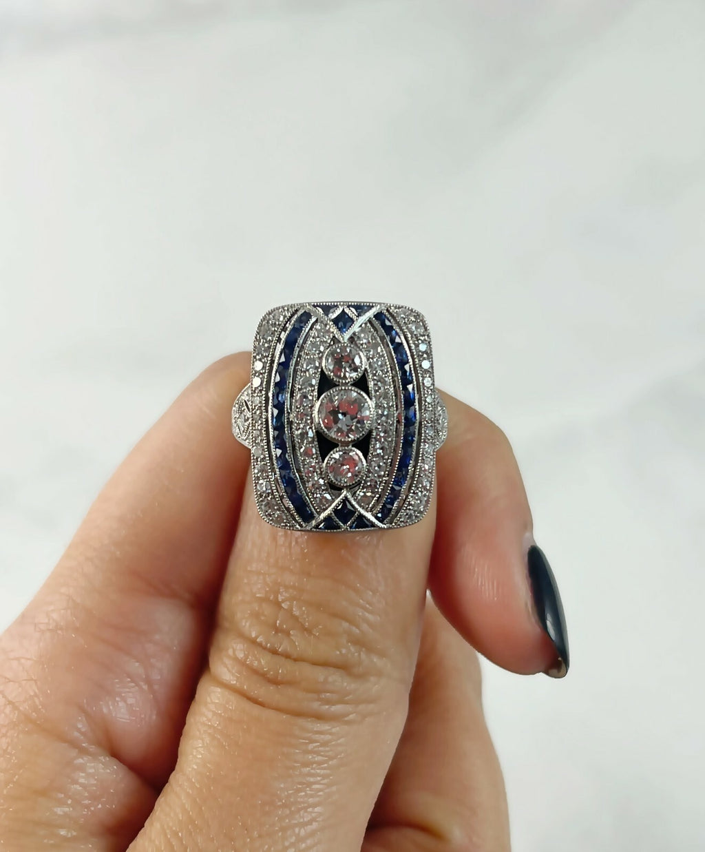 Art Deco Diamond Blue Sapphire Platinum Ring Handmade Antique Finish Cocktail