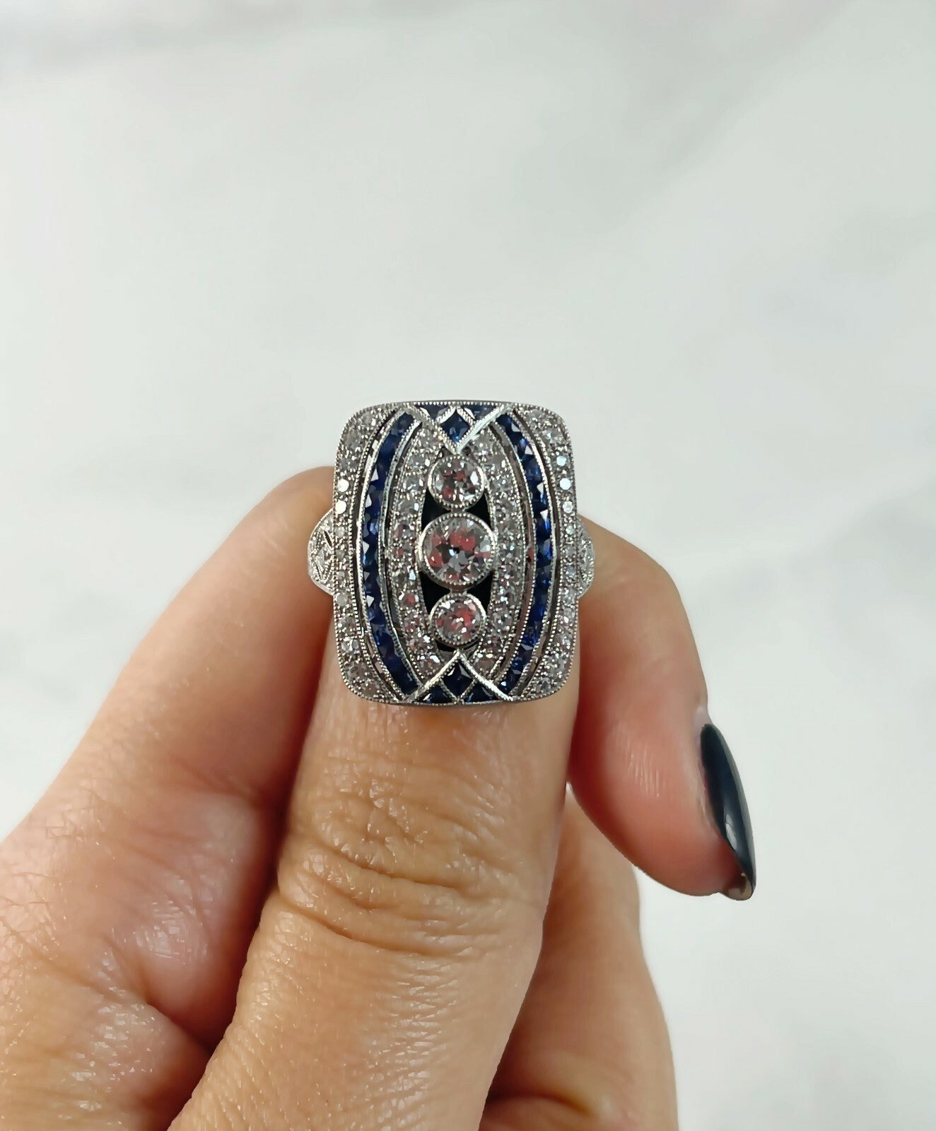 Art Deco Diamond Blue Sapphire Platinum Ring Handmade Antique Finish Cocktail