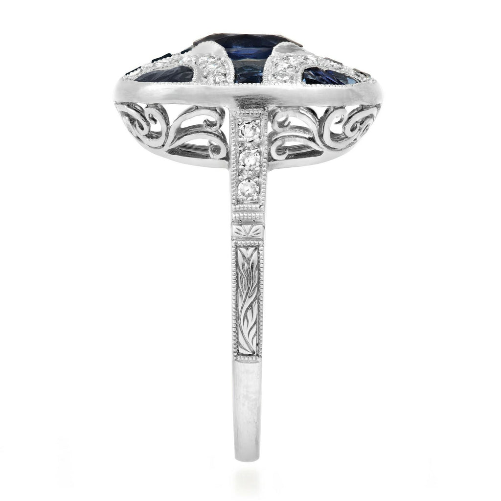 Blue Sapphire Diamond Platinum Ring Art Deco 2.33 TCW Natural Oval Cut Handmade