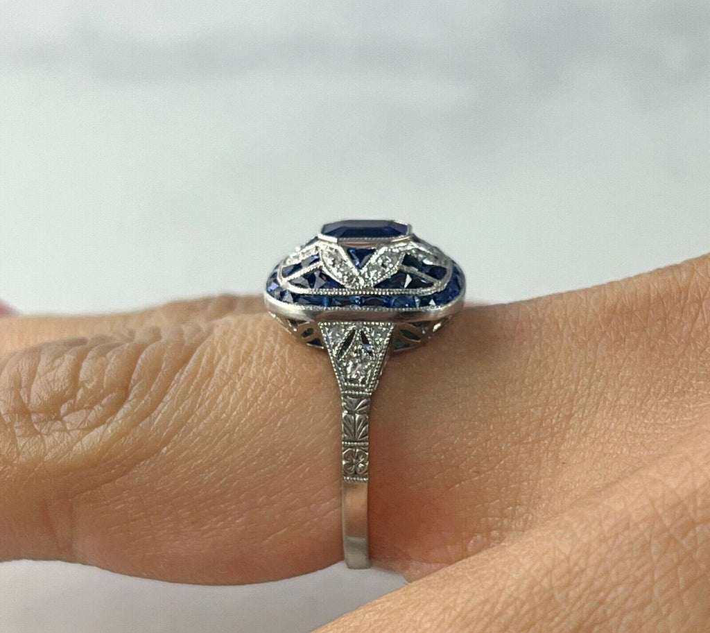 Art Deco Blue Sapphire Old Mine Diamond Engagement Ring Platinum European 2.28CT