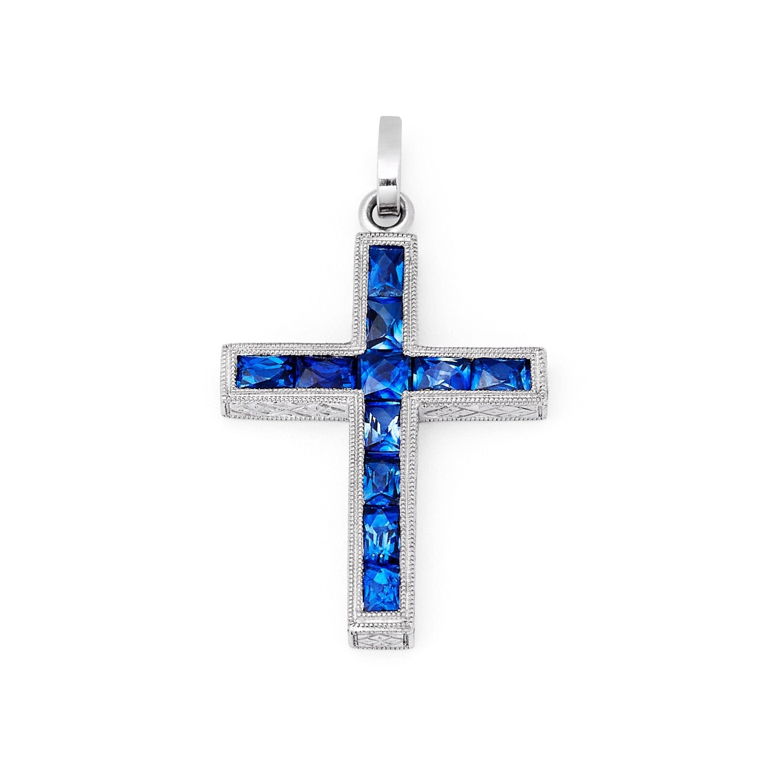 Blue Sapphire Platinum Cross Pendant Necklace Art Deco Handmade Natural 1.00 CT