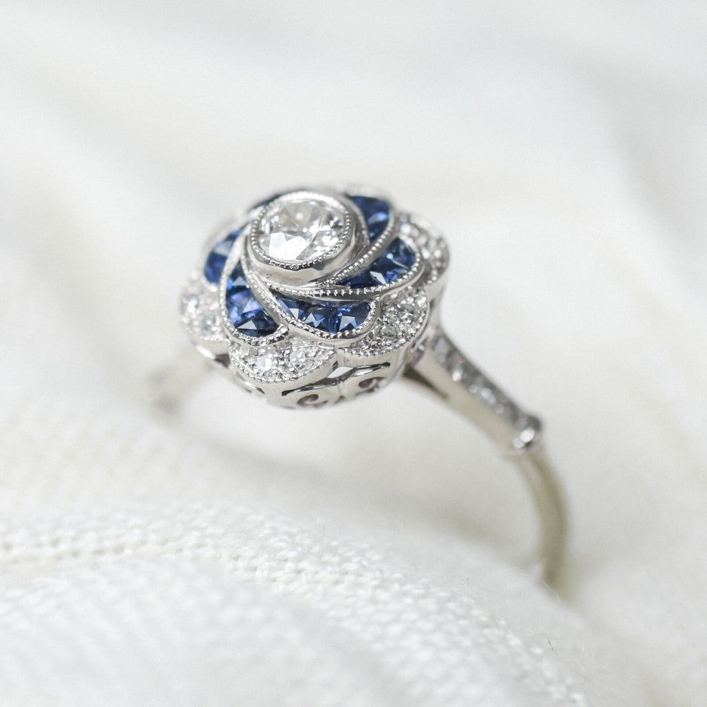 Art Deco Diamond Sapphire Platinum Flower Ring Natural Handmade 1.10 TCW