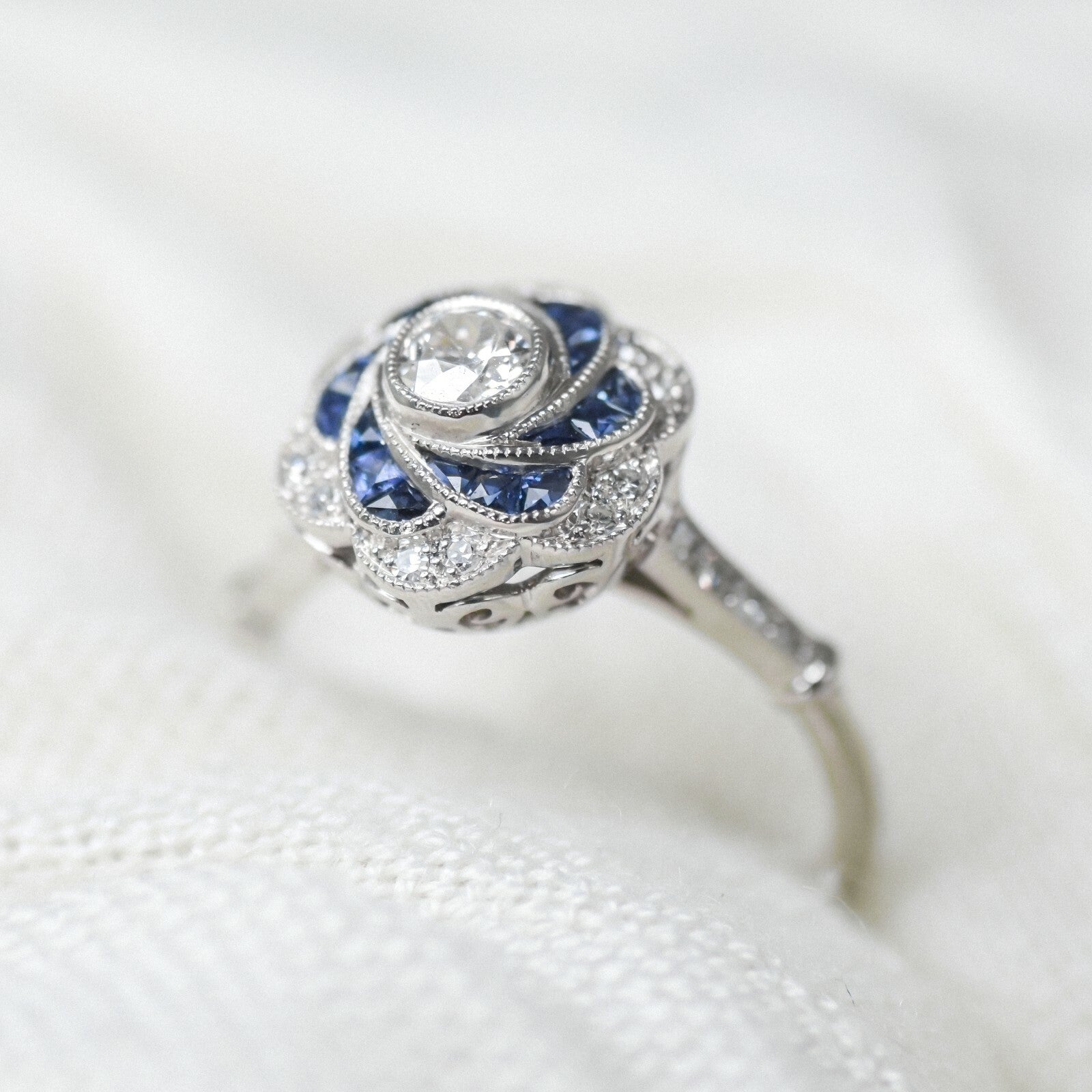 Art Deco Diamond Sapphire Platinum Flower Ring Natural Handmade 1.10 TCW