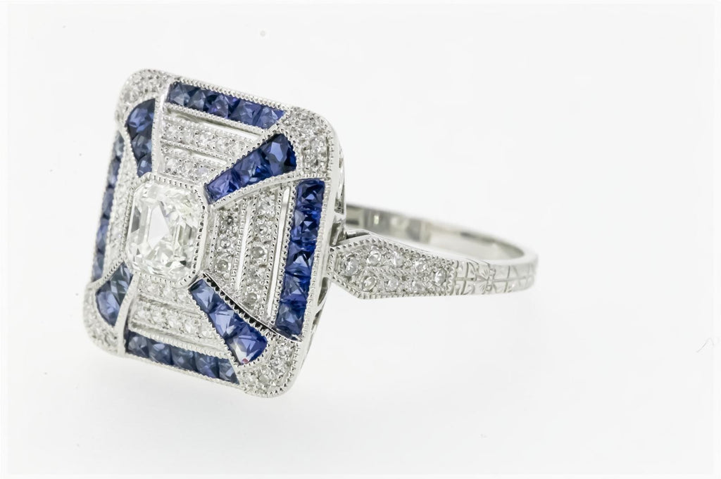 Art Deco Inspired Asscher Cut Diamond Sapphire Platinum Ring Natural 1.45 CTW