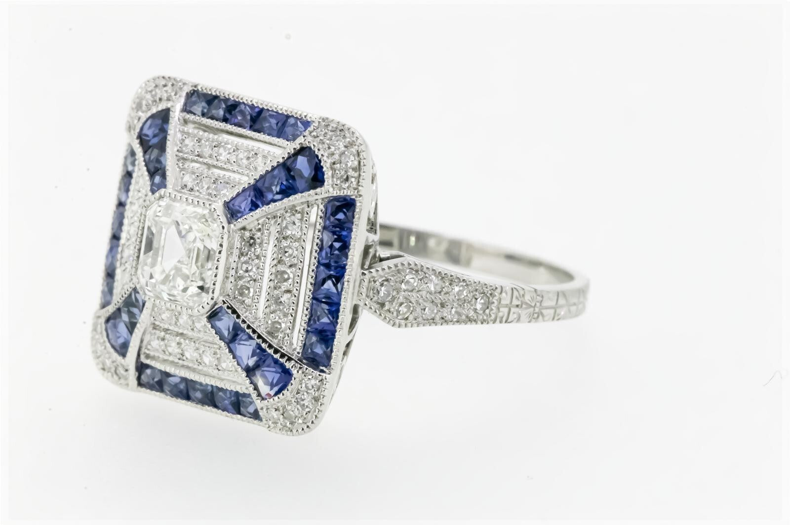 Art Deco Inspired Asscher Cut Diamond Sapphire Platinum Ring Natural 1.45 CTW