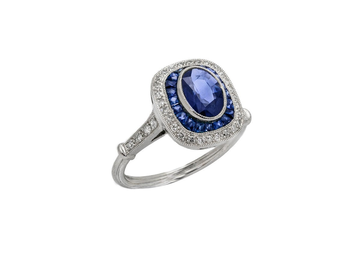 Blue Sapphire Diamond Platinum Engagement Ring Art Deco Natural 1.60CTW Handmade