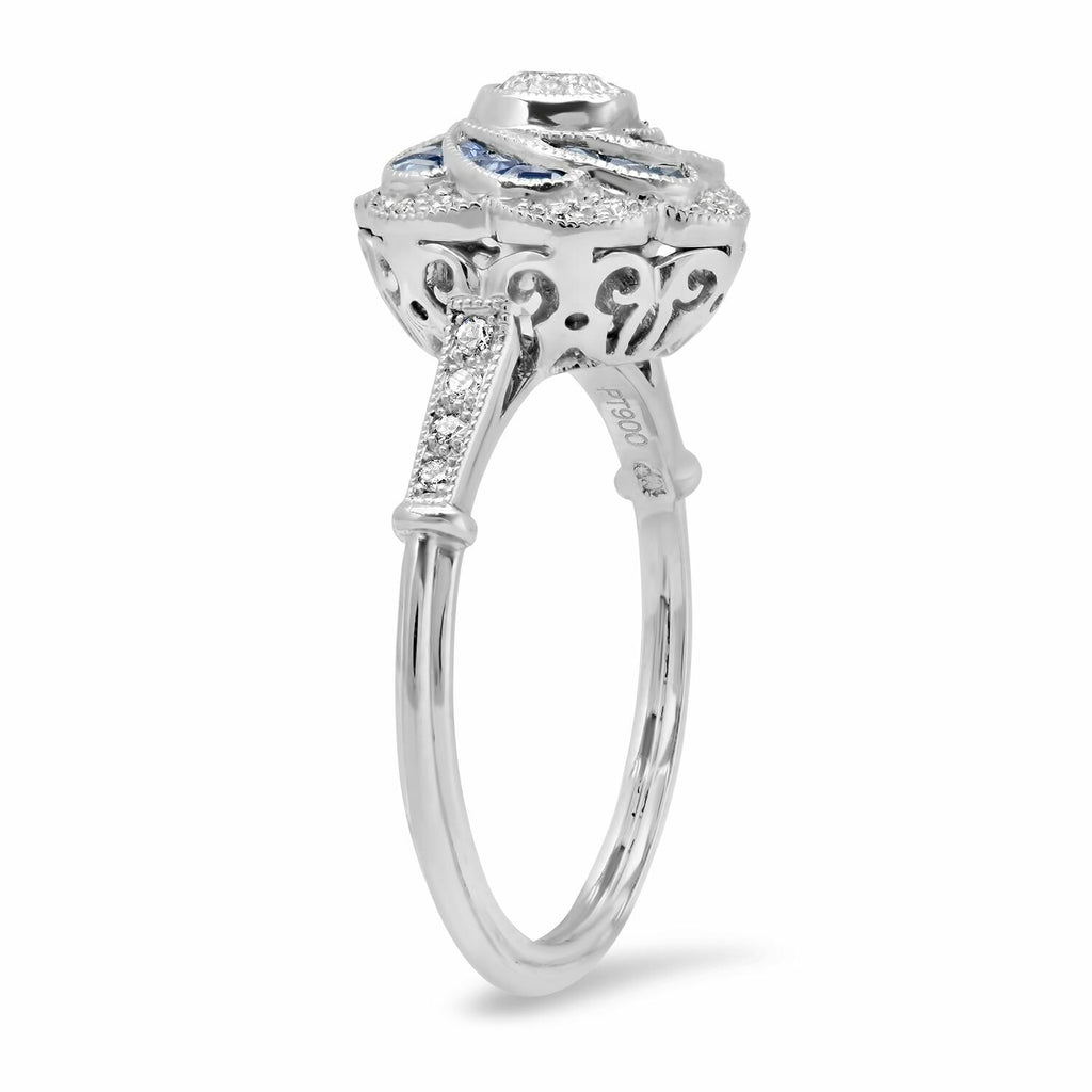 Art Deco Diamond Sapphire Platinum Flower Ring Natural Handmade 1.10 TCW