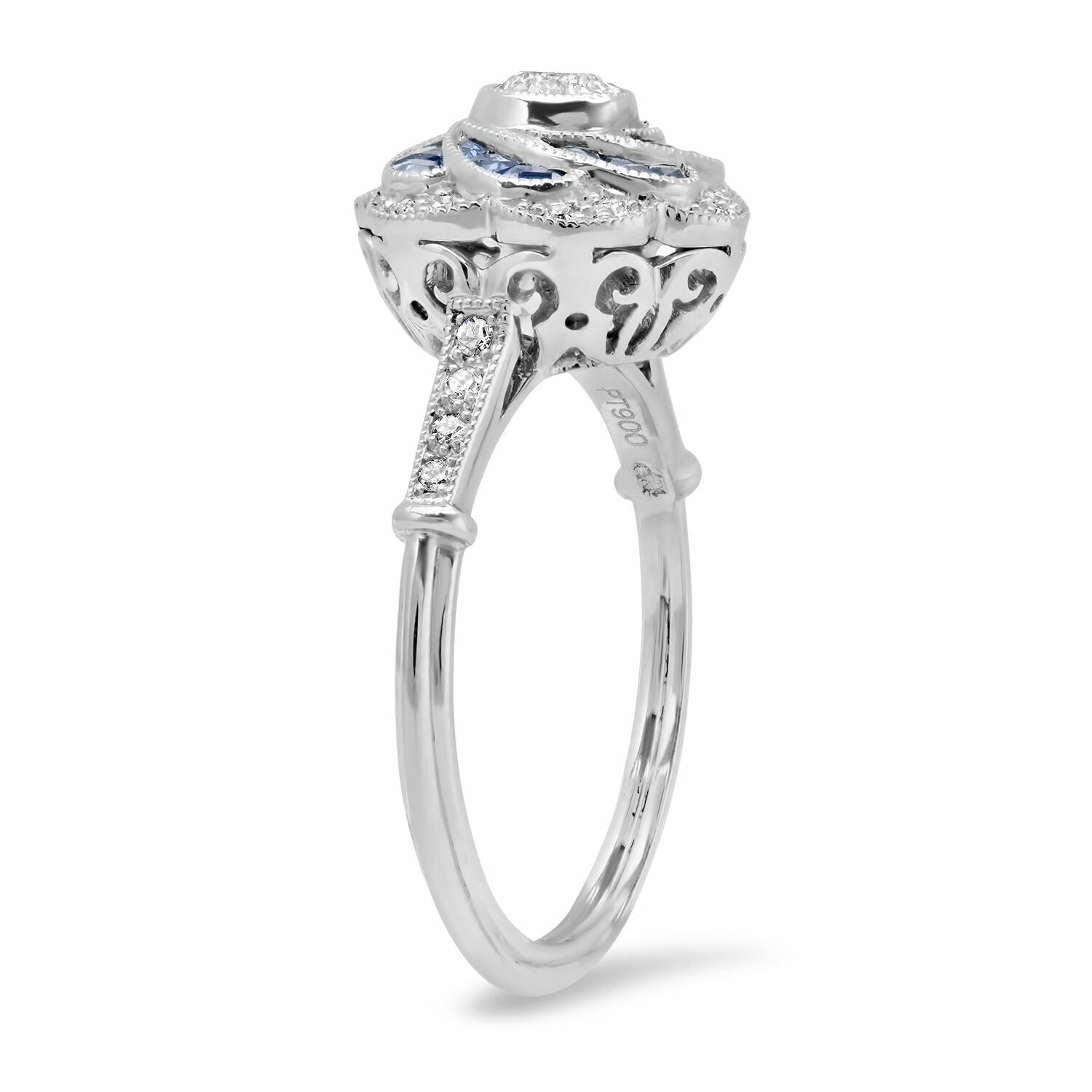 Art Deco Diamond Sapphire Platinum Flower Ring Natural Handmade 1.10 TCW