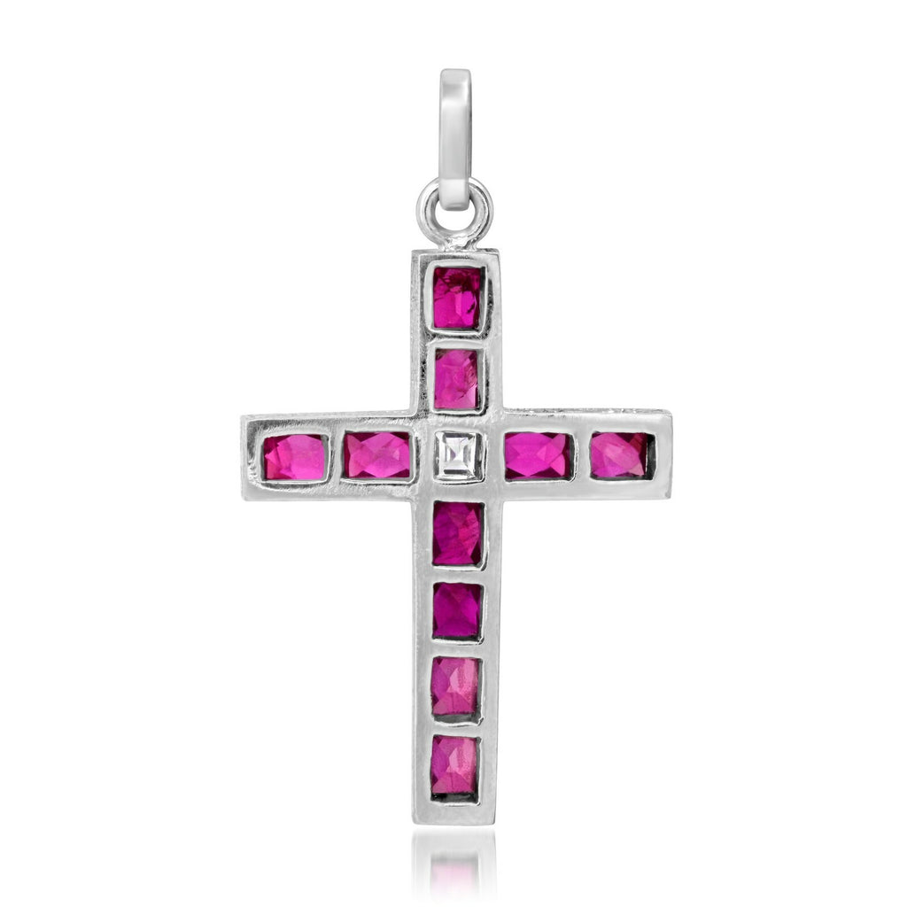 Ruby Diamond Cross Pendant Necklace Platinum Art Deco Natural 1.00 CTW Handmade