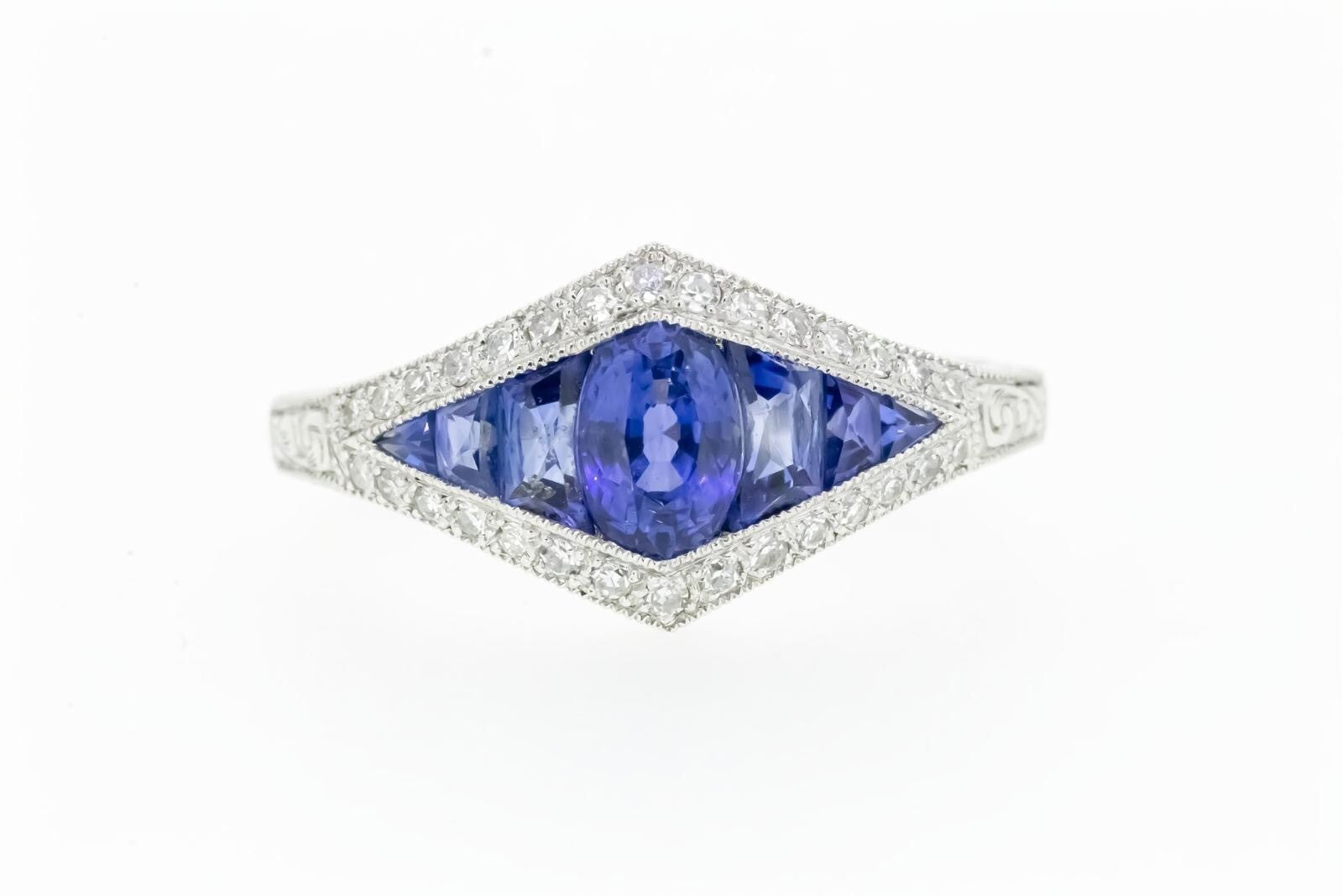 Art Deco Inspired Sapphire Diamond Platinum Ring Natural Oval French Cut 1.34CTW