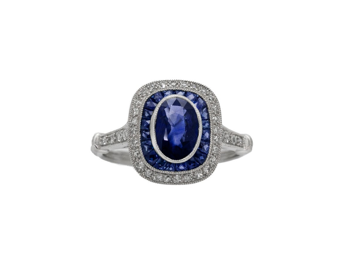 Blue Sapphire Diamond Platinum Engagement Ring Art Deco Natural 1.60CTW Handmade