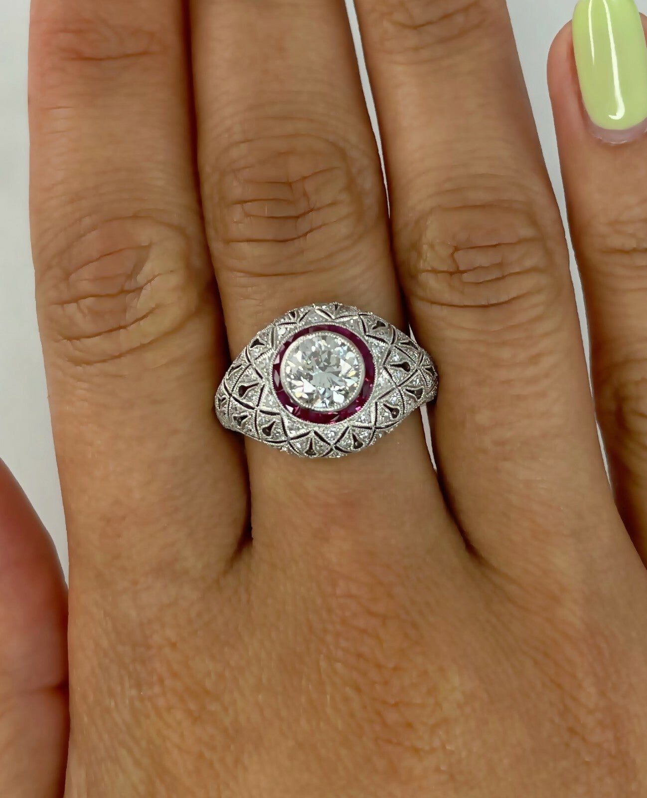 Platinum Diamond Ruby Ring Art Deco Inspired Natural 1.74 TCW