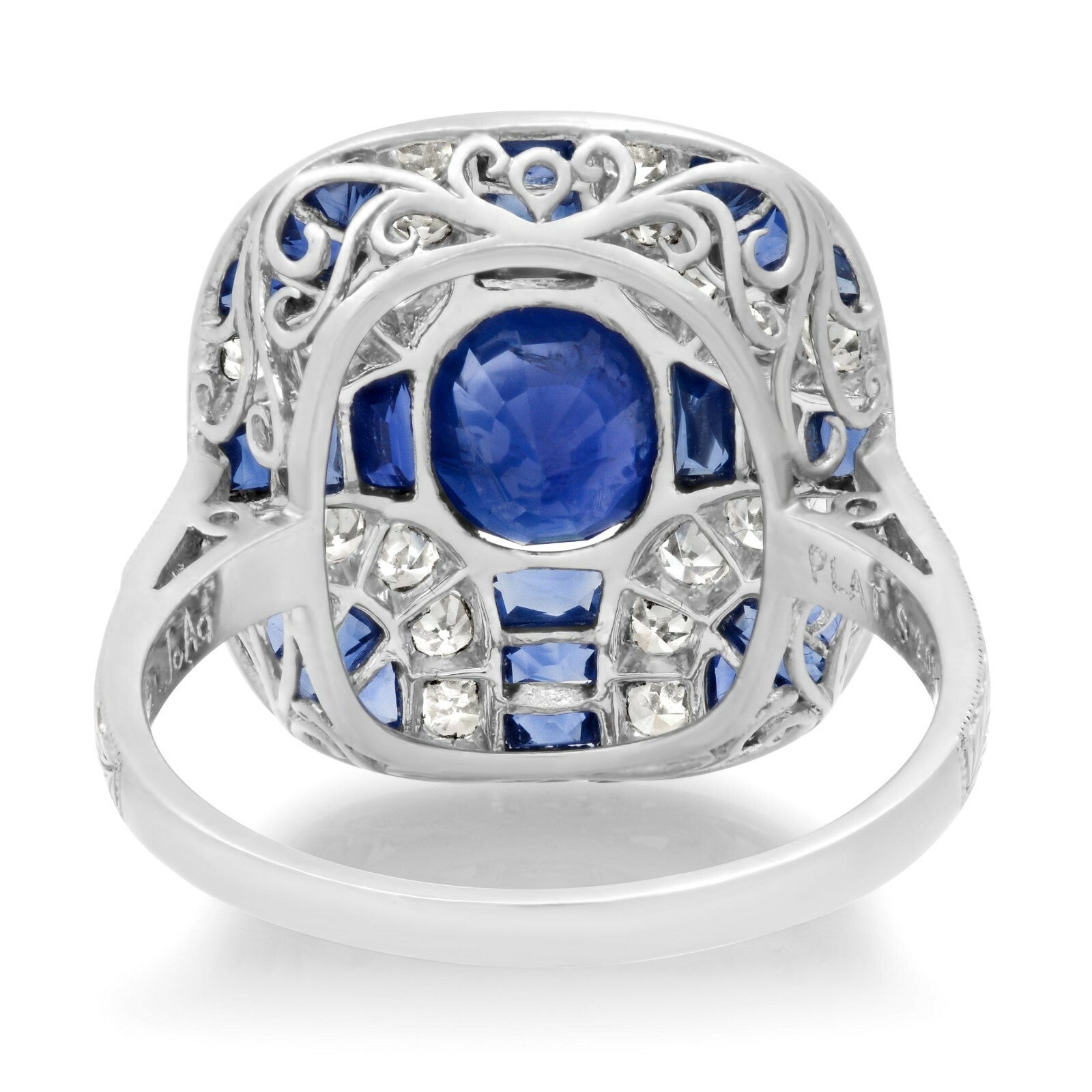 Art Deco Blue Sapphire Diamond Platinum Ring Handmade Oval Cut Antique Inspired