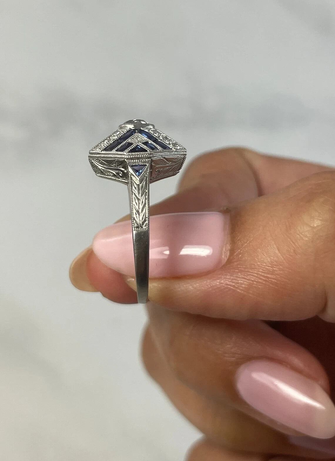 Art Deco Diamond Sapphire Platinum Ring Natural Handmade Certified 1.75 CTW